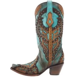 Corral Women's Tan Embroidery-Turquoise Overlay 13 In Top Snip Toe Boot -Western Cowboy Equipment Store C3943 03